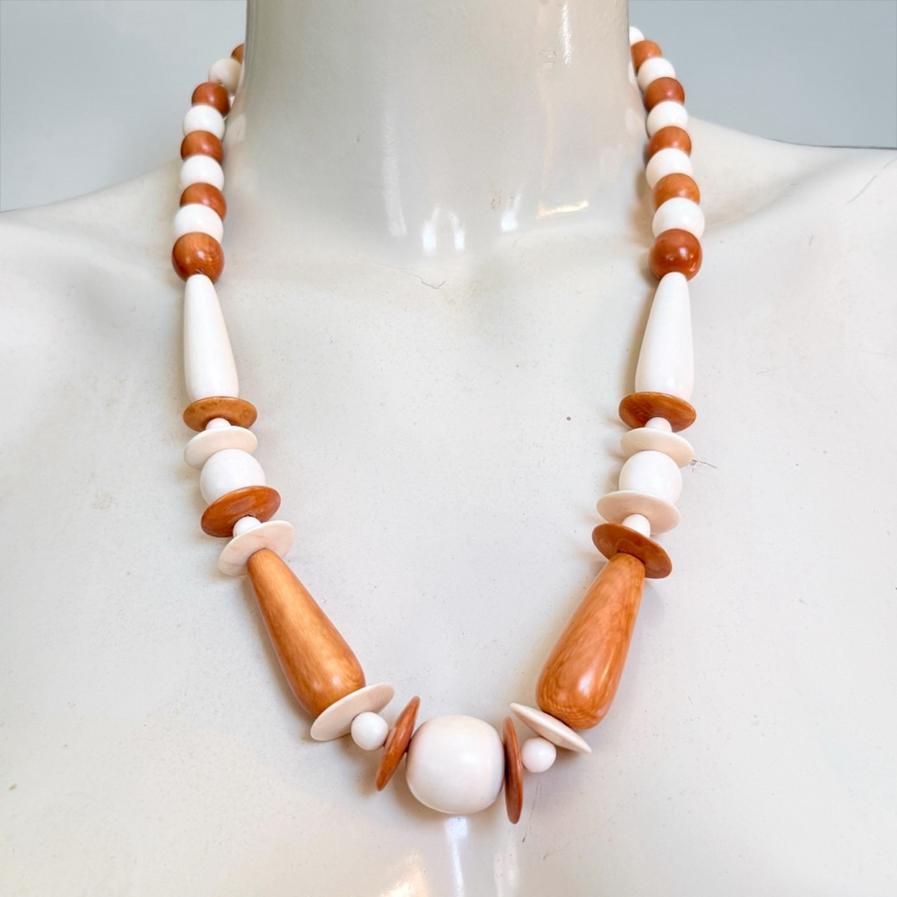 Vintage Wood & Bone Bead Necklace Scandinavian Modernist Style Statement